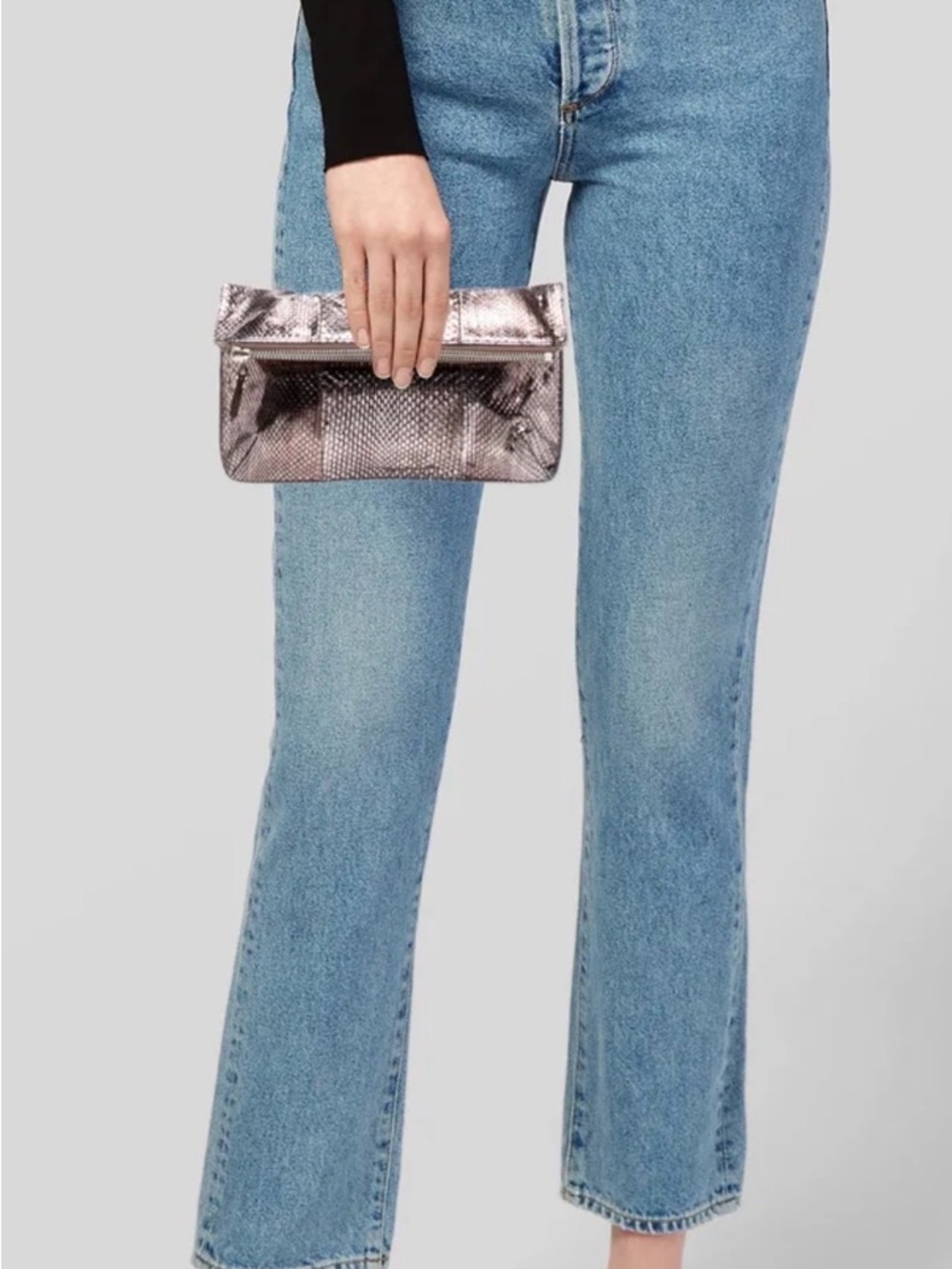 Jimmy Choo Metallic Snake-Embossed Foldover Clutch - Silver